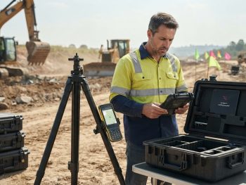 furto-equipamentos-topograficos-protecao-patrimonial Topógrafo verificando a ausência de um receptor GNSS RTK em um canteiro de obras, ilustrando os riscos do furto de equipamentos topográficos e a importância da proteção patrimonial.