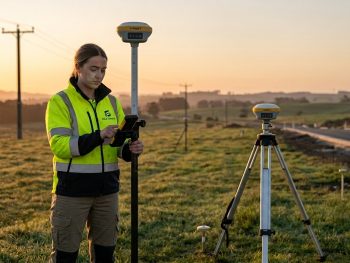 gps-geodesico-tecnologia-gnss-agrimensura Profissional de agrimensura utilizando GPS geodésico GNSS RTK em levantamento topográfico de alta precisão.