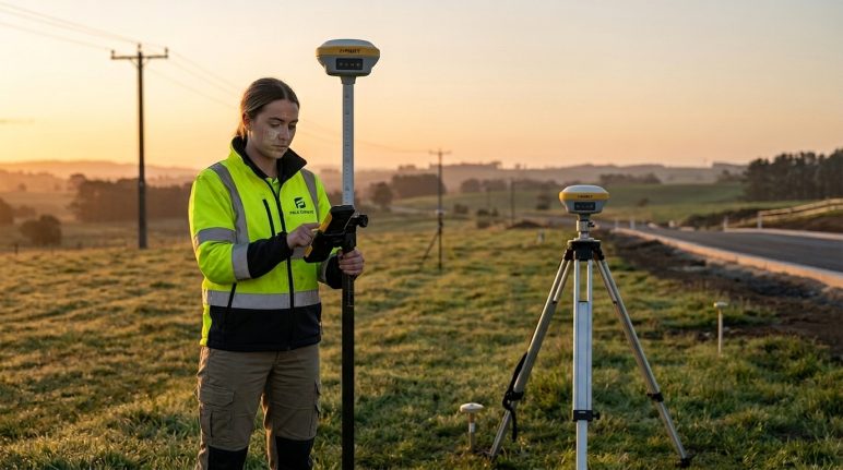 gps-geodesico-tecnologia-gnss-agrimensura Profissional de agrimensura utilizando GPS geodésico GNSS RTK em levantamento topográfico de alta precisão.
