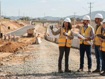 Topógrafo liderando uma reunião técnica com equipe de engenharia em ambiente de obra.