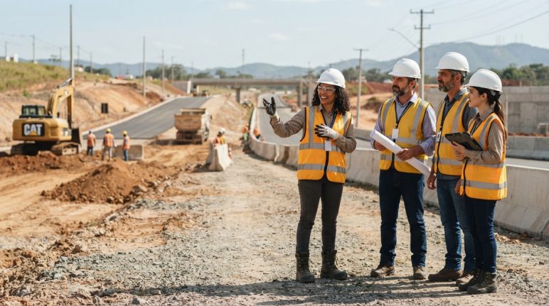 Topógrafo liderando uma reunião técnica com equipe de engenharia em ambiente de obra.