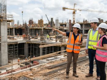 Topógrafo e engenheiros acompanhando obra de construção civil que representa a crescente demanda por serviços de topografia.