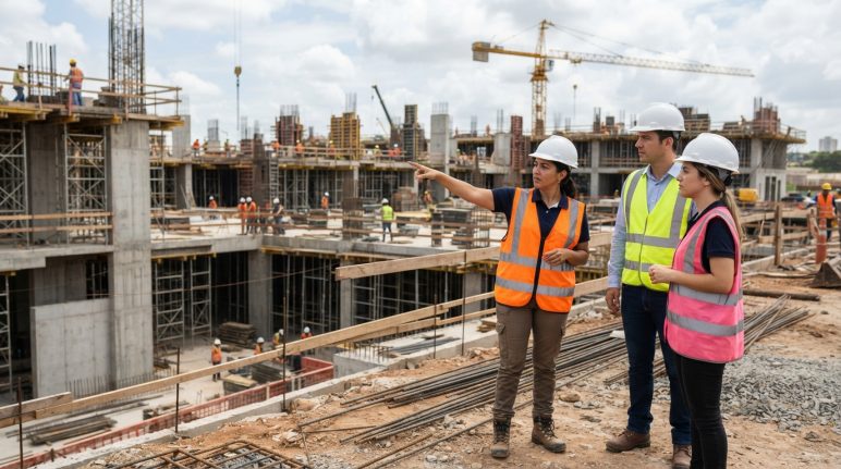 Topógrafo e engenheiros acompanhando obra de construção civil que representa a crescente demanda por serviços de topografia.