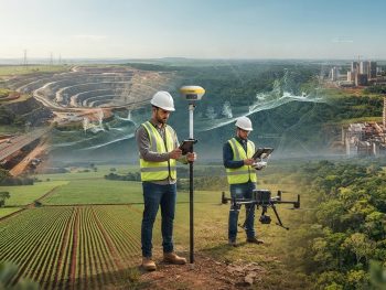 mercado-topografico-brasil-oportunidades-desafios-tendencias Profissionais de topografia utilizando GNSS RTK e drone em projeto de infraestrutura, representando o mercado topográfico brasileiro e sua evolução tecnológica.