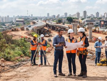 Equipe de topógrafos e engenheiros atuando em projeto de infraestrutura que representa o mercado de trabalho para topógrafos em 2026.