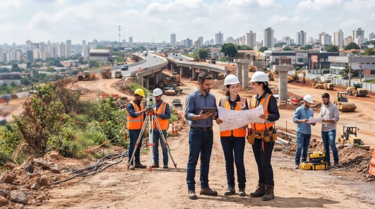 Equipe de topógrafos e engenheiros atuando em projeto de infraestrutura que representa o mercado de trabalho para topógrafos em 2026.