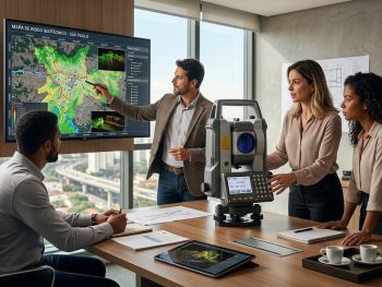 Profissionais da topografia participando de parceria técnica com empresas de tecnologia geoespacial em ambiente institucional