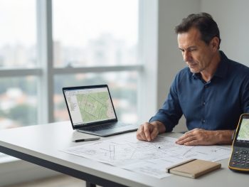 Perito judicial agrimensor analisando mapa cadastral e dados técnicos para elaboração de laudo pericial.