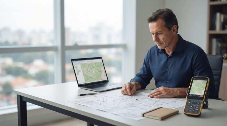 Perito judicial agrimensor analisando mapa cadastral e dados técnicos para elaboração de laudo pericial.