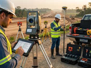 Equipe de topografia realizando manutenção preventiva e organização de equipamentos GNSS e estação total em campo