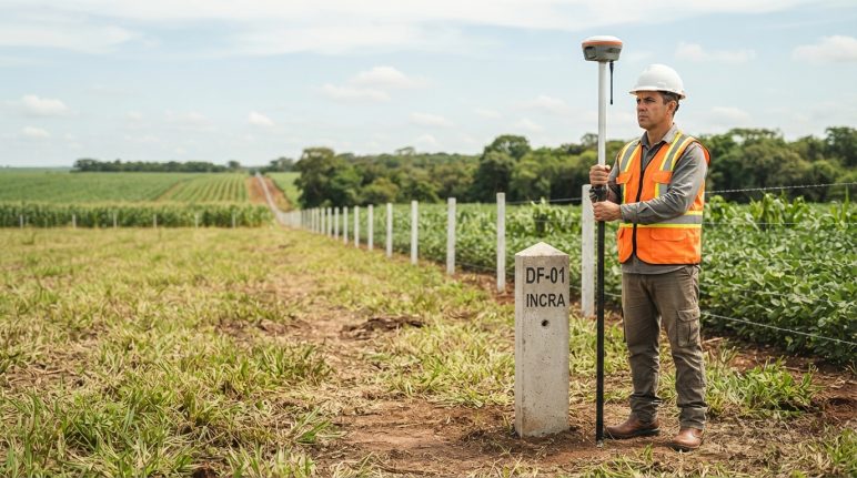 Profissional habilitado para regularização fundiária realizando levantamento com receptor GNSS RTK em propriedade rural.