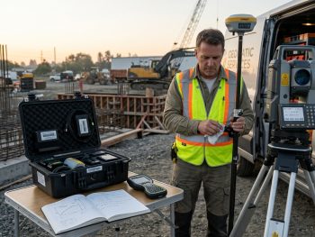 proprietario-de-equipamento-topografico-protecao-patrimonial Topógrafo realizando gestão e proteção de equipamentos topográficos em campo com GNSS RTK e estação total.