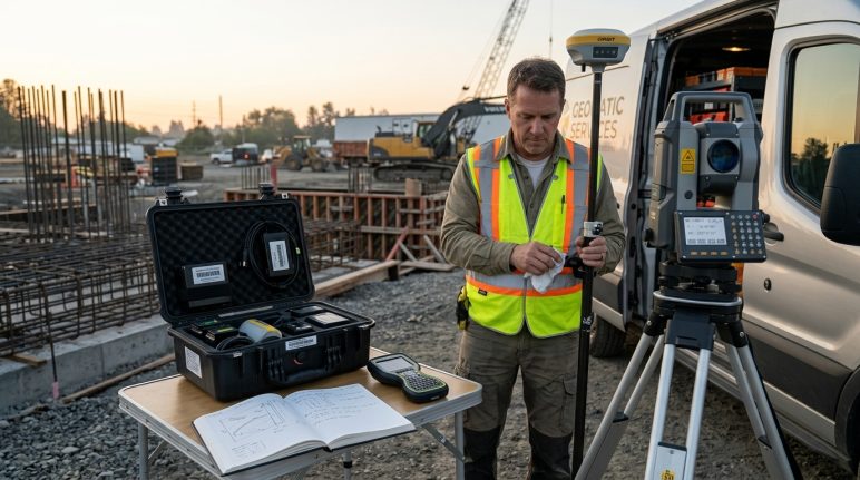 Topógrafo realizando gestão e proteção de equipamentos topográficos em campo com GNSS RTK e estação total.