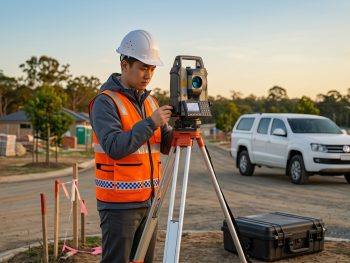 Topógrafo utilizando estação total em campo com foco na proteção patrimonial dos equipamentos