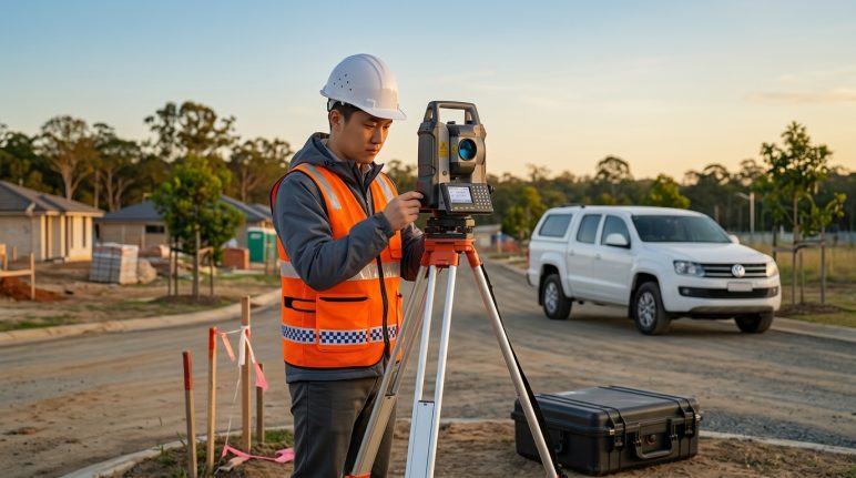 Topógrafo utilizando estação total em campo com foco na proteção patrimonial dos equipamentos