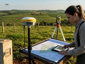 Profissional de topografia realizando georreferenciamento de imóvel para proteção patrimonial e definição precisa de limites territoriais