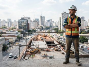 Topógrafo observando um grande projeto de infraestrutura, representando crescimento profissional e valorização da carreira.