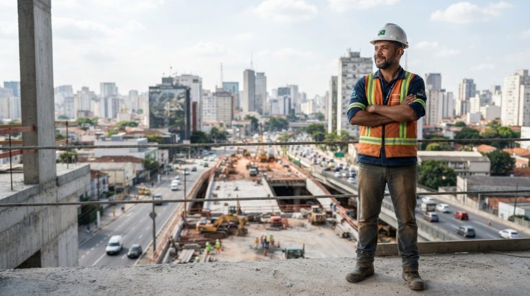 Topógrafo observando um grande projeto de infraestrutura, representando crescimento profissional e valorização da carreira.