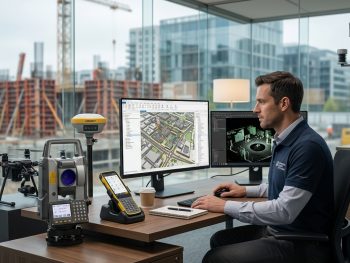 Topógrafo autônomo utilizando tecnologias modernas de topografia em ambiente profissional e institucional em 2026.