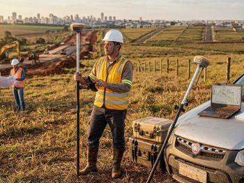 Topógrafo autônomo realizando levantamento topográfico com receptor GNSS RTK em área de obra e georreferenciamento rural