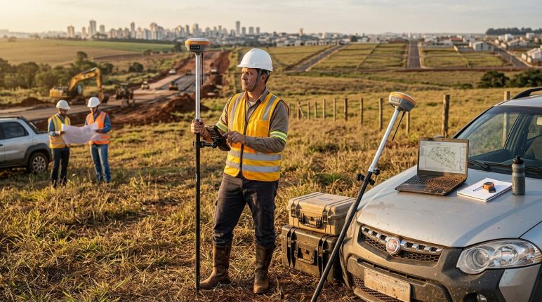 Topógrafo autônomo realizando levantamento topográfico com receptor GNSS RTK em área de obra e georreferenciamento rural